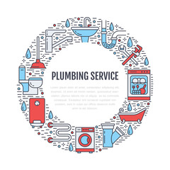 Plumbing service colored banner illustration. Vector line icon of house bathroom equipment, faucet, toilet, pipeline, washing machine, water boiler. Plumber repair circle template with place for text.