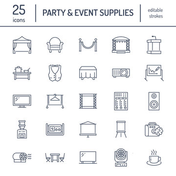 Event supplies flat line icons. Party equipment - stage constructions, visual projector, stanchion, flipchart, marquee. Thin linear signs for catering, commercial rental service.