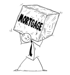 Conceptual Cartoon of Businessman Carrying Big Mortgage Block of Rock or Stone