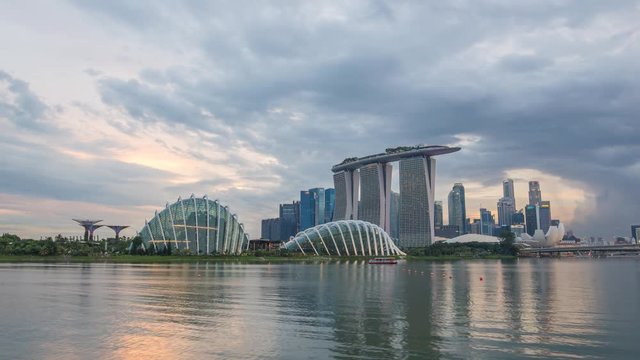 Singapore business district city skyline waterfront sunset timelapse, Marina Bay, Singapore 4K Time lapse