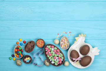 Chocolate easter eggs,sweets on a blue background