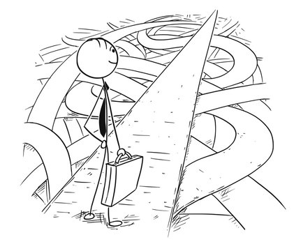 Conceptual Cartoon of Businessman Found Simple Way Through Chaos