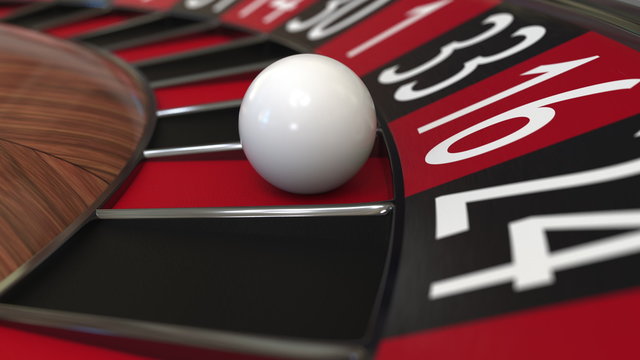 Casino roulette wheel ball hits 16 sixteen red. 3D rendering