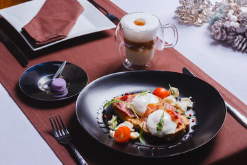 egg poached on toast with coffee