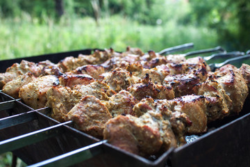 Skewers grilling on a barbecue
