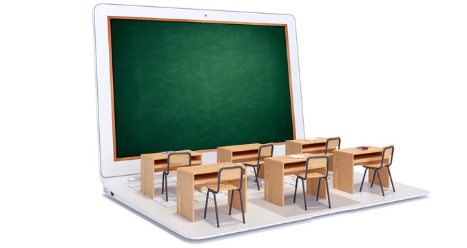 Digital classroom isolated on white 3D Rendering