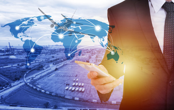 Global network coverage world map with businessman ,Industrial Container Cargo freight ship at habor for Logistic Import Export background (Elements of this image furnished by NASA)