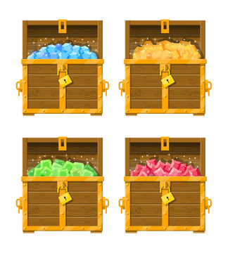 Treasure chest full of various diamonds.