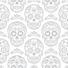 Obraz premium Mexican sugar skull vector seamless pattern, Halloween candy skulls background, Day of the Dead celebration, Calavera design 