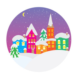 Fototapeta na wymiar Winter landscape with small houses in a circle. A flat vector icon for the designer's work. Icon with winter contour houses.
