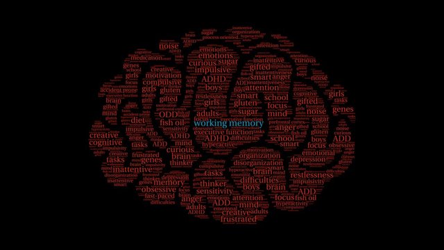 Working Memory ADHD Brain Word Cloud on a black background. 