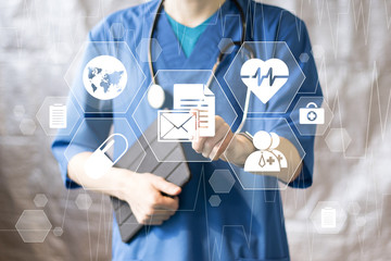 Doctor pushing button file service email virtual healthcare in network medicine