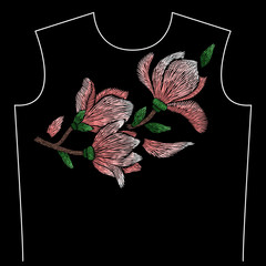 Naklejka premium Embroidery neck line pattern with magnolia