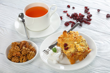 a portion of apple crumble, close-up