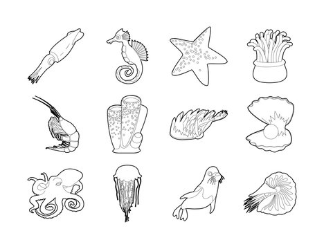 Sea creature icon set, outline style