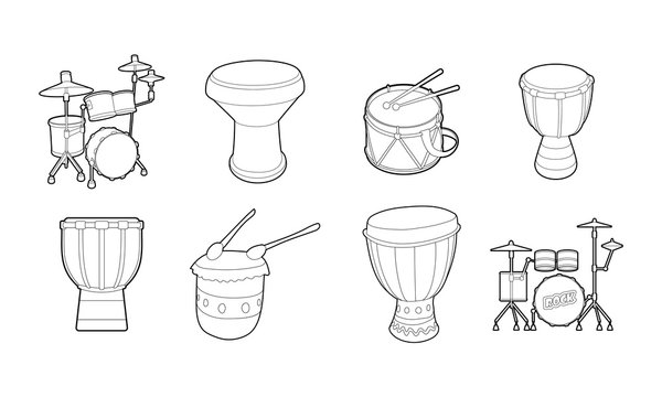 Drums Icon Set, Outline Style