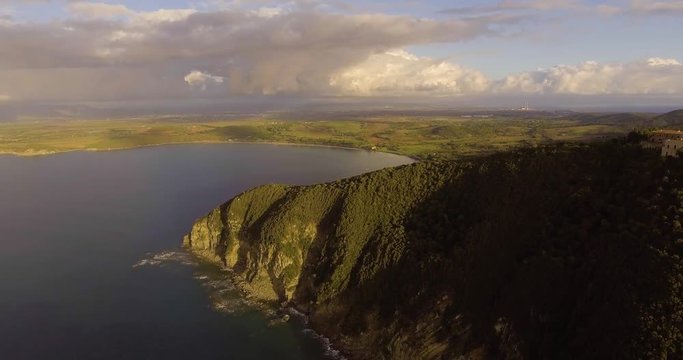 Aerial, beautiful landscape view on Populonia in Tuscany, Italy on sunset