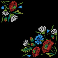 Embroidery corner floral pattern with chamomile, poppy and cornflower