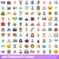 100 community icons set, cartoon style 