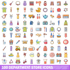 100 department store icons set, cartoon style 