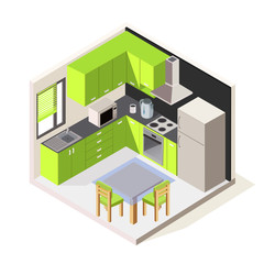 Vector isometric kitchen room. Green modern kitchen furniture. 3D kitchen furniture with major kitchen appliances. Vector illustration
