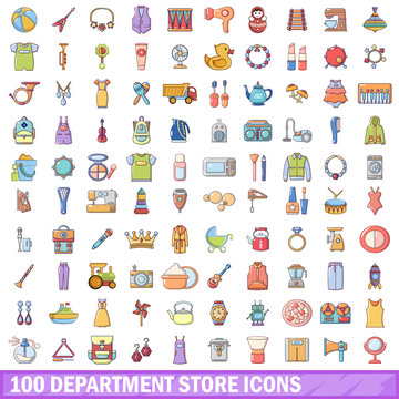 100 department store icons set, cartoon style 
