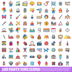 100 party time icons set, cartoon style 