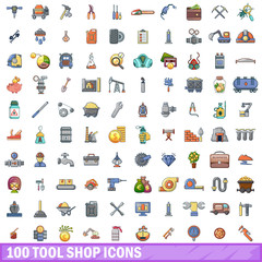 100 tool shop icons set, cartoon style 