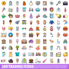 100 trading icons set, cartoon style 