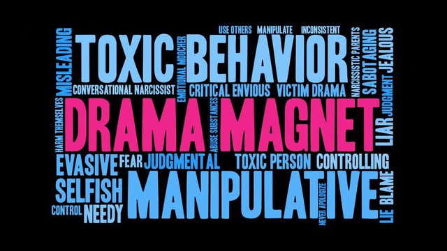 Drama Magnet Word Cloud on a black background. 
