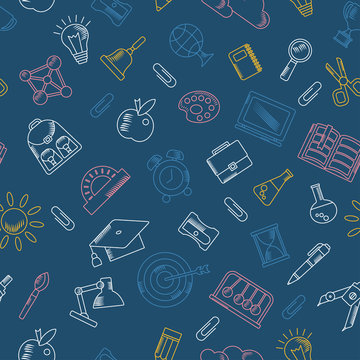 School seamless pattern with education supplies. Textures, backgrounds and templates for promotional materials and fabrics. Cartoon flat vector illustration. Objects isolated on a white background.