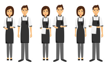 Set of waiters, girls and men written and with towels on their hands. Taking order. Vector flat illustration