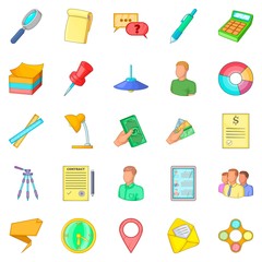 Coworking space icons set, cartoon style