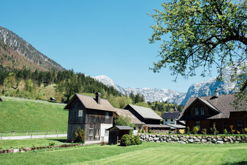 Fototapeta na wymiar houses with mountains alps peaks background
