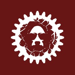 Demonic ugly face. Evil man portrait in gear frame