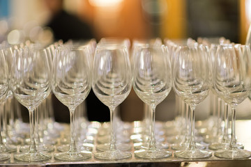 Empty glasses wine in restaurant. Glass water