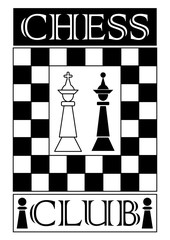 Chess club signboard in monochrome design, chess piece white king and black queen, chessboard designed frame