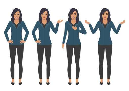  vector illustration of a woman character expressions with hands gesture, cartoon businesswoman wit different emotion 