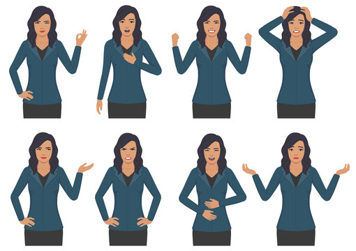  Vector Illustration Of A Woman Character Expressions With Hands Gesture, Cartoon Businesswoman Wit Different Emotion 