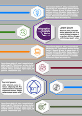 Infographic process visualization template with hexagonal graphic, abstract vector with icons and copy space, two main elements and six minor graphic elements available