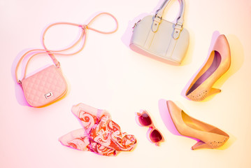High heels, handbag and scarf - fashion accessories