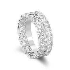 3D illustration isolated white gold or silver decorative crown diadem diamond ring with shadow