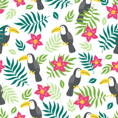 Seamless summer pattern with toucan, flowers, palm leaves