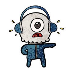 cartoon cyclops alien spaceman listening to music