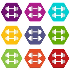 Two dumbbells icon set color hexahedron