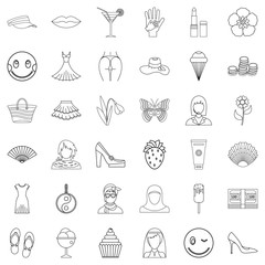 Lady icons set, outline style