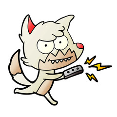 cartoon grinning fox with remote control
