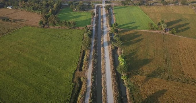 High angle view, Aerial view from drone flight Irrigation canal, beside two paddy fields and road rual scene Thailand. Morning sunrise time