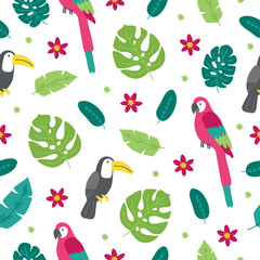 Seamless pattern with toucan, palm leaves, tropical flowers and macaw