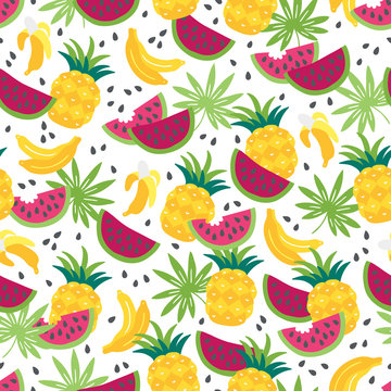 Seamless pattern with banana, palm leaves, watermelon and pineapple